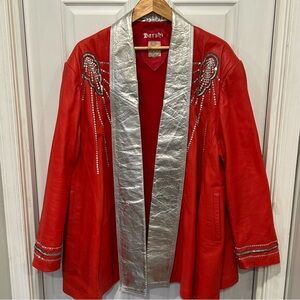 Darshi 100% leather Jacket/Robe, Bling, Red and Silver, Sequins, Rhinestones